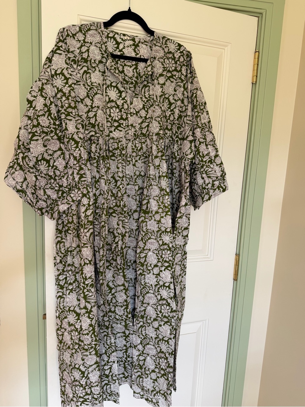 Floral Midi Dress in Olive Green and White - Women's